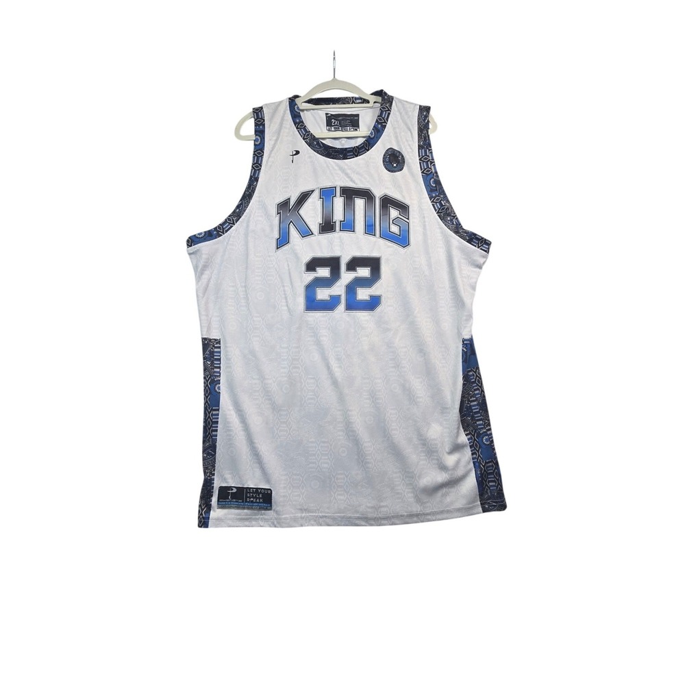 Phenetix Basketball Jersey Mens 2XL White Blue King 22 Graphic Tribal Trim